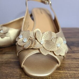 Comfort View Gold Floral Embellished Peep Toe Slingback Heels